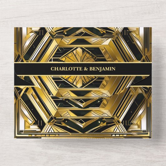 Luxe Zwart & Goud Gatsby Art Deco 1920s Bruiloft All In One Uitnodiging (Achterkant)