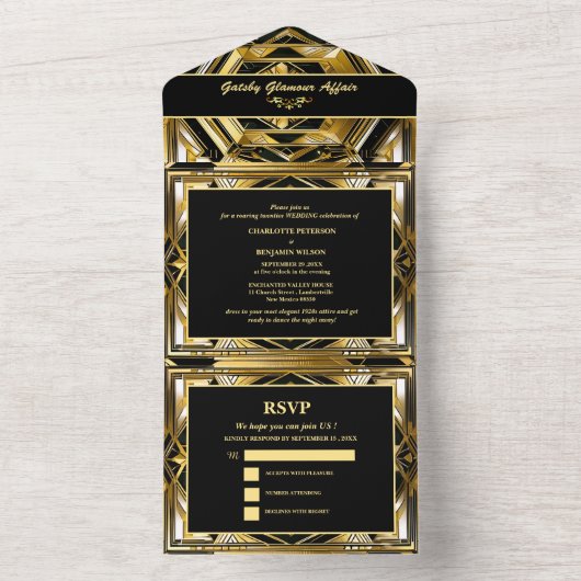 Luxe Zwart & Goud Gatsby Art Deco 1920s Bruiloft All In One Uitnodiging (Binnen)
