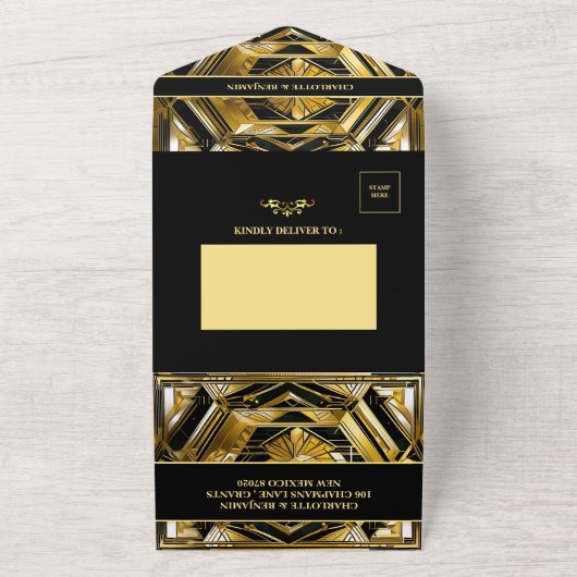 Luxe Zwart & Goud Gatsby Art Deco 1920s Bruiloft All In One Uitnodiging (Buitenkant)