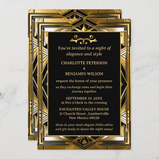Luxe Zwart & Goud Gatsby Art Deco 1920s Bruiloft Kaart (Voorkant / Achterkant)
