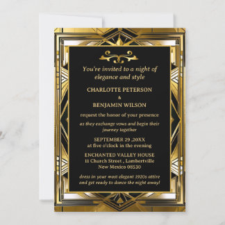 Luxe Zwart & Goud Gatsby Art Deco 1920s Bruiloft Kaart