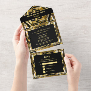Luxe Zwart & Goud Gatsby Art Deco Jaren 20 Huwelij All In One Uitnodiging