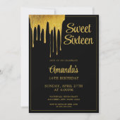 Luxe Zwart & Goud Glitter Drip Sweet 16 Verjaardag Kaart (Voorkant)