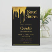 Luxe Zwart & Goud Glitter Drip Sweet 16 Verjaardag Kaart (Staand voorkant)