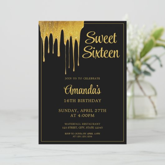 Luxe Zwart & Goud Glitter Drip Sweet 16 Verjaardag Kaart (Staand voorkant)