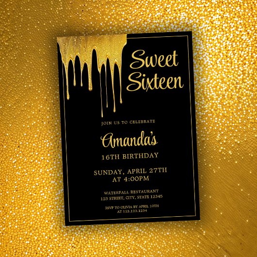 Luxe Zwart & Goud Glitter Drip Sweet 16 Verjaardag Kaart