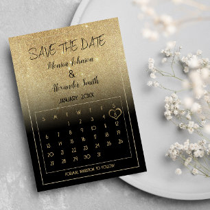 Luxe Zwart Goud Glitter Kalender Save the Date Aankondigingskaart
