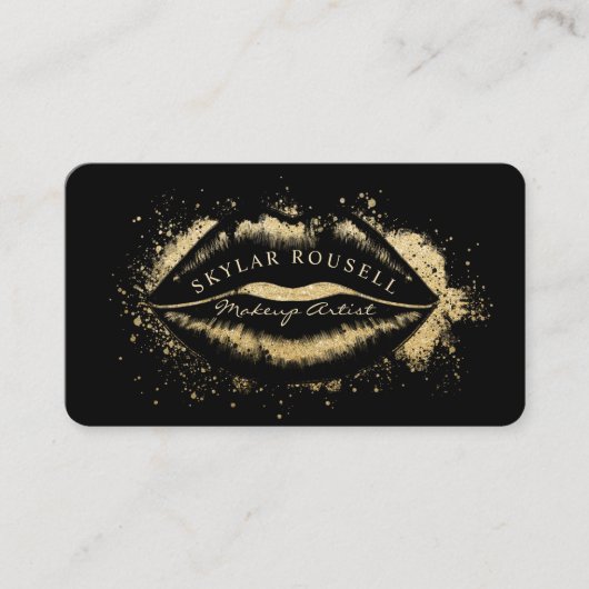 Luxe Zwart & Goud Glitter Lips Make-up Artiest Visitekaartje (Voorkant)