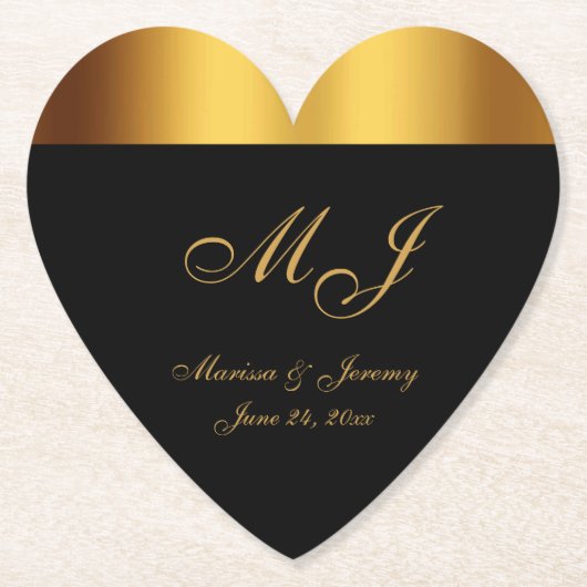 Luxe Zwart Goud Grens Monogram Bruiloft Kartonnen Onderzetters (Voorkant)