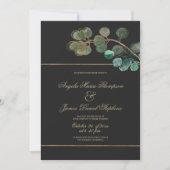 Luxe zwart goud groen eucalyptus bladeren bruiloft kaart (Voorkant)