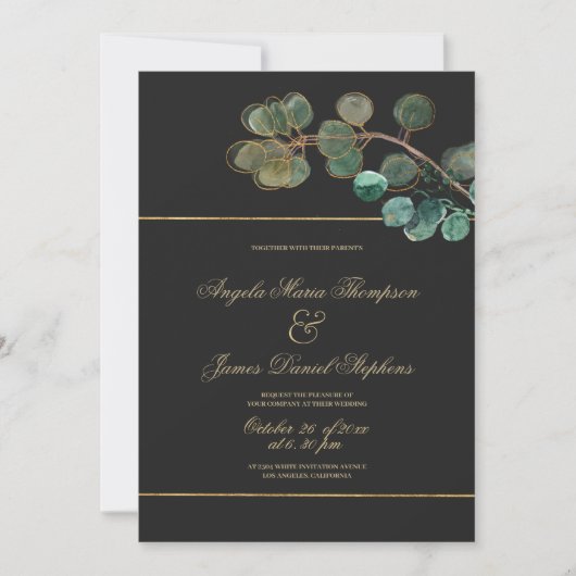 Luxe zwart goud groen eucalyptus bladeren bruiloft kaart (Voorkant)