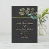 Luxe zwart goud groen eucalyptus bladeren bruiloft kaart (Staand voorkant)