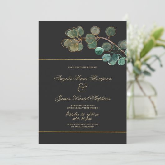 Luxe zwart goud groen eucalyptus bladeren bruiloft kaart (Staand voorkant)
