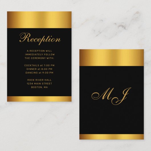 Luxe Zwart Goud Kalligrafie Border Bruiloft Informatiekaartje (Voorkant / Achterkant)