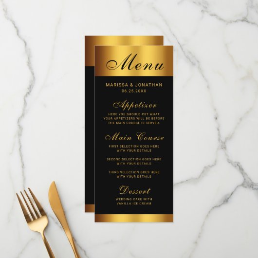 Luxe Zwart Goud Kalligrafie Border Bruiloft Menu (Voorkant / Achterkant in situ)