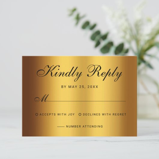 Luxe Zwart Goud Kalligrafie Border Bruiloft RSVP Kaartje (Staand voorkant)