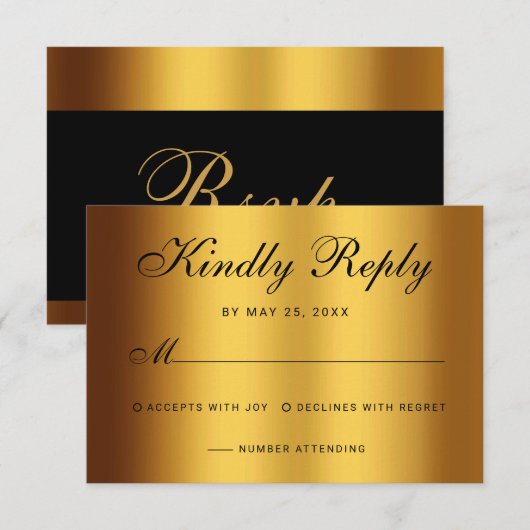 Luxe Zwart Goud Kalligrafie Border Bruiloft RSVP Kaartje (Voorkant / Achterkant)