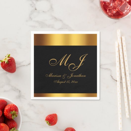 Luxe Zwart Goud Kalligrafie Monogram Bruiloft Servet (Insitu)