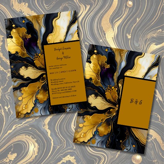 Luxe zwart goud marmer bruiloft uitnodiging
