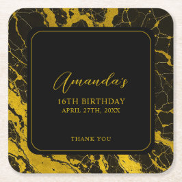 Luxe Zwart & Goud Marmer Sweet 16 Verjaardag Kartonnen Onderzetters