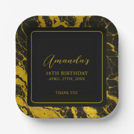 Luxe Zwart & Goud Marmer Sweet 16 Verjaardag Papieren Bordje