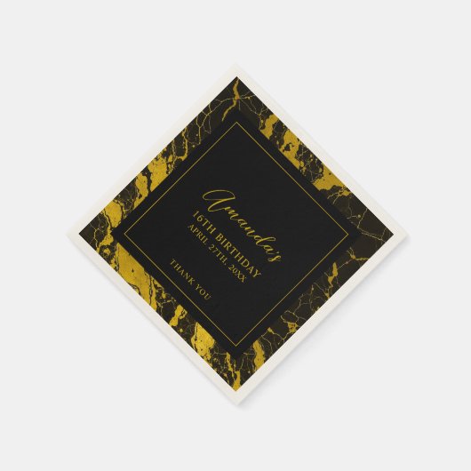 Luxe Zwart & Goud Marmer Sweet 16 Verjaardag Servet (Hoek)