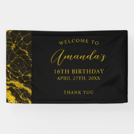 Luxe Zwart & Goud Marmer Sweet 16 Verjaardag Spandoek