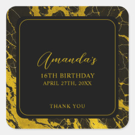 Luxe Zwart & Goud Marmer Sweet 16 Verjaardag Vierkante Sticker