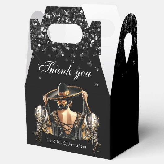 Luxe zwart goud Mexicaanse stijl quinceañera Bedankdoosjes (Geopend)