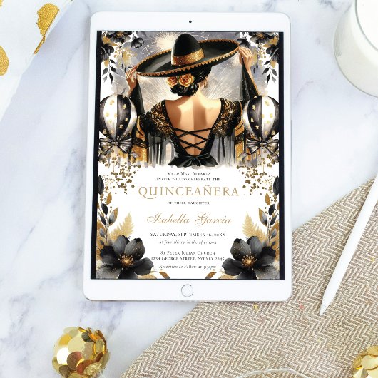 Luxe zwart goud Mexicaanse stijl quinceañera Kaart