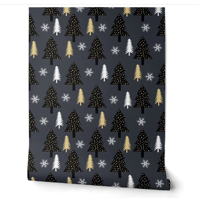 Luxe zwart goud modern kerstboom patroon behang (Afrollen)