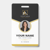 Luxe Zwart Goud Modern Vastgoed QR Code ID Badge (Voorzijde)