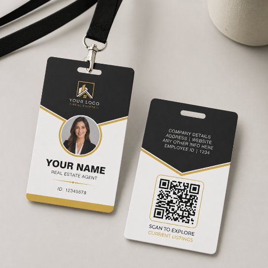 Luxe Zwart Goud Modern Vastgoed QR Code ID Badge
