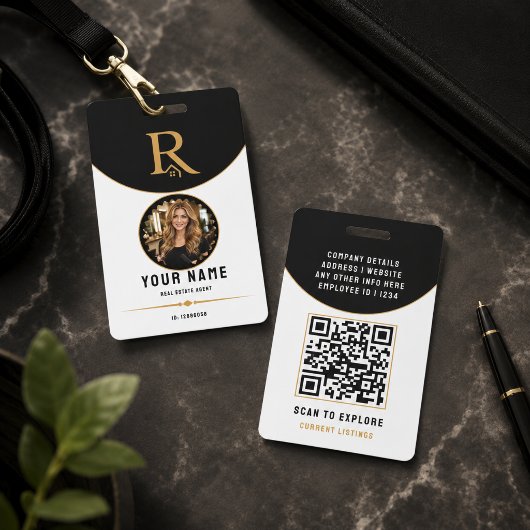 Luxe Zwart Goud Modern Vastgoed QR Code ID Badge