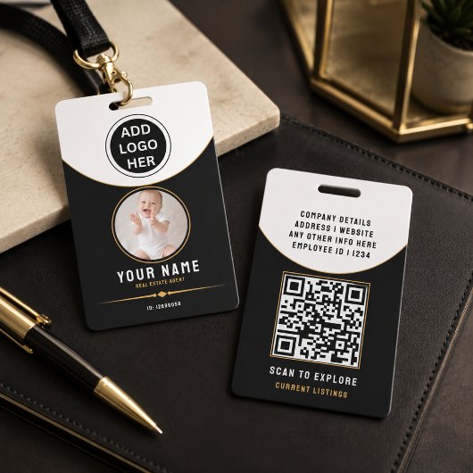 Luxe Zwart Goud Modern Vastgoed QR Code ID Badge