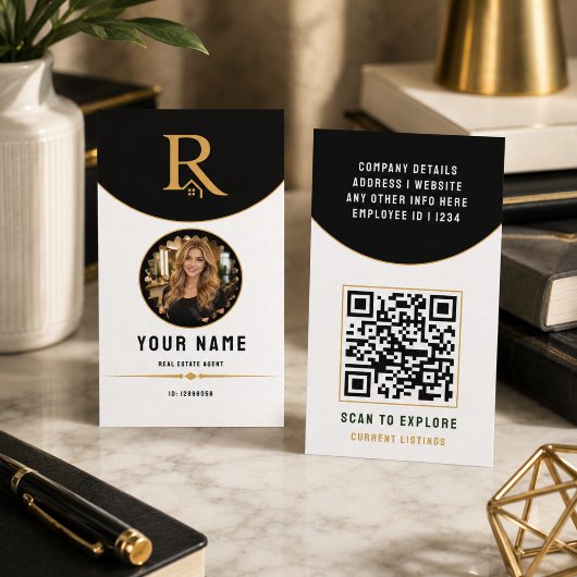 Luxe Zwart Goud Modern Vastgoed QR Code ID Contactkaartje