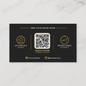 Luxe Zwart Goud Modern Vastgoed QR Code Visitekaartje (Achterkant)