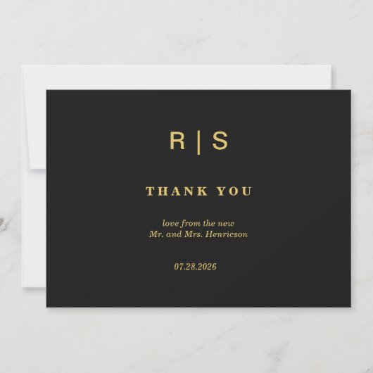 Luxe Zwart Goud Monogram Huwelijk Bedankkaart (Voorkant)