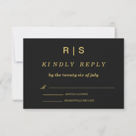 Luxe Zwart & Goud Monogram Huwelijks RSVP Kaart