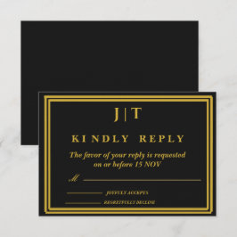 Luxe Zwart & Goud Monogram Huwelijks RSVP Kaart 