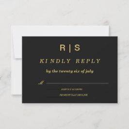 Luxe Zwart & Goud Monogram Huwelijks RSVP Kaart