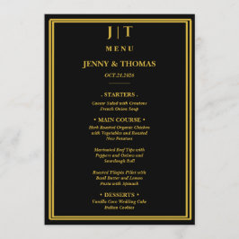Luxe Zwart & Goud Monogram Huwelijksmenu Kaart