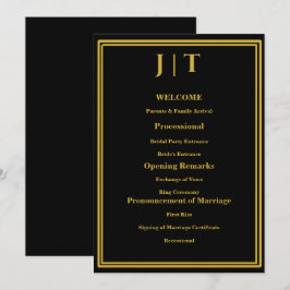 Luxe Zwart & Goud Monogram Huwelijksprogramma Kaar Programmakaart