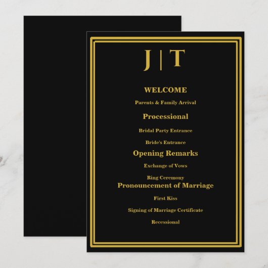 Luxe Zwart & Goud Monogram Huwelijksprogramma Kaar Programmakaart (Voorkant / Achterkant)
