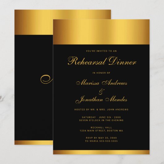 Luxe zwart goud monogram repetitie diner kaart (Voorkant / Achterkant)