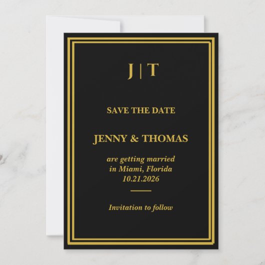 Luxe Zwart & Goud Monogram Save the Date Kaart (Voorkant)