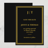 Luxe Zwart & Goud Monogram Save the Date Kaart (Voorkant / Achterkant)