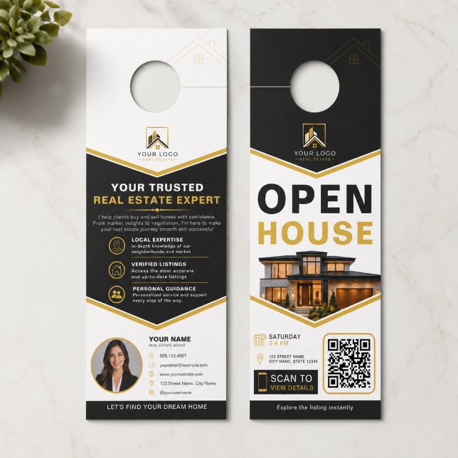 Luxe Zwart Goud Open Huis QR Deurhanger (Luxury Open House Door Hanger with QR Code | Realtor Marketing Design)