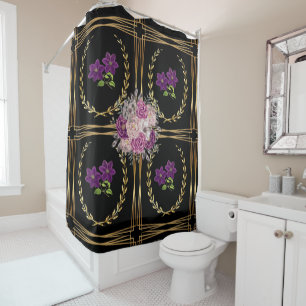Luxe Zwart Goud Paarse Bloemen Trendy Modern Douchegordijn