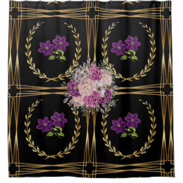 Luxe Zwart Goud Paarse Bloemen Trendy Modern Douchegordijn